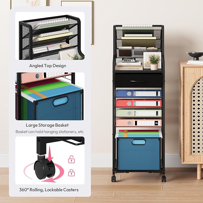 SWTYMIKI 10-Tier Rolling File Cart - Mesh Paper Organizer with Drawer and Hanging File Folders on Lockable Wheels, Wood Teacher Cart for Office Organization, Storage in Home, Studio, School (Black)