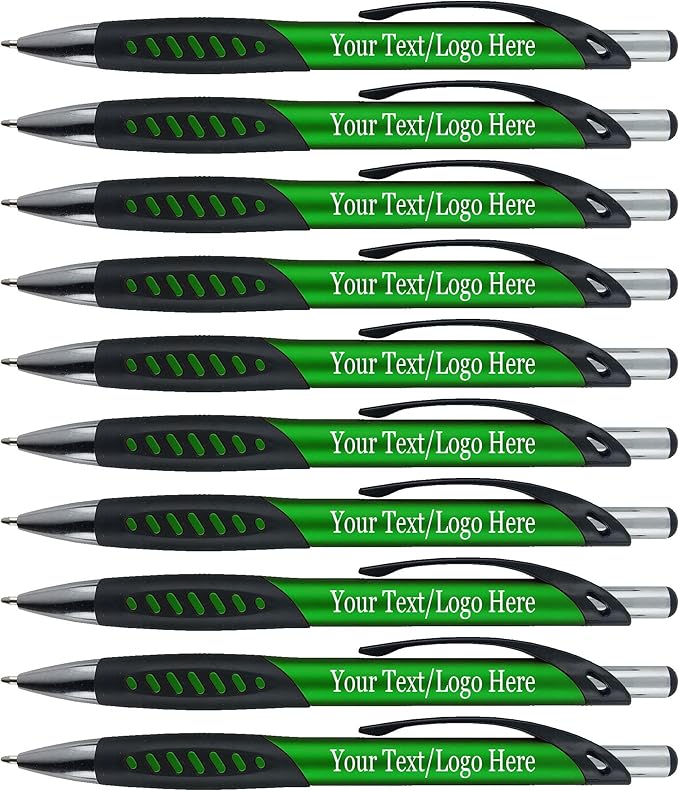 SyPen Promotional Pens With your Custom Logo or Text-300 Pack Bulk-for Businesses, Parties, and Events, Custom Printed Metallic/Colored Click Action Ballpoint Pens, Rubber Grip, Black Ink, Dark Green