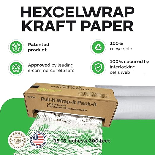 IDL Packaging Original HexcelWrap Honeycomb Packing Kraft Paper 15.25" x 300' Roll in Self-Dispensed Box, White - The First Patented Interlocking Slit Paper Design for Shipping