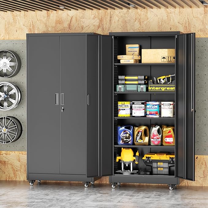 INTERGREAT Rolling Storage Cabinet, 73" Tall Lockable Tool Cabinet with Pegboard and Shelves, Heavy-Duty File Cabinet with Wheels for Garage, Basement, Warehouse, Black
