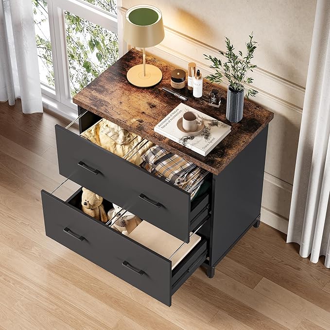 LITTLE TREE 2 Drawer File Cabinet for Home Office, 30.7-Inch Lateral Office Cabinet for A4 and Letter Size Files, Printer Stand, Storage Cabinet Organizer, Rustic Brown + Black