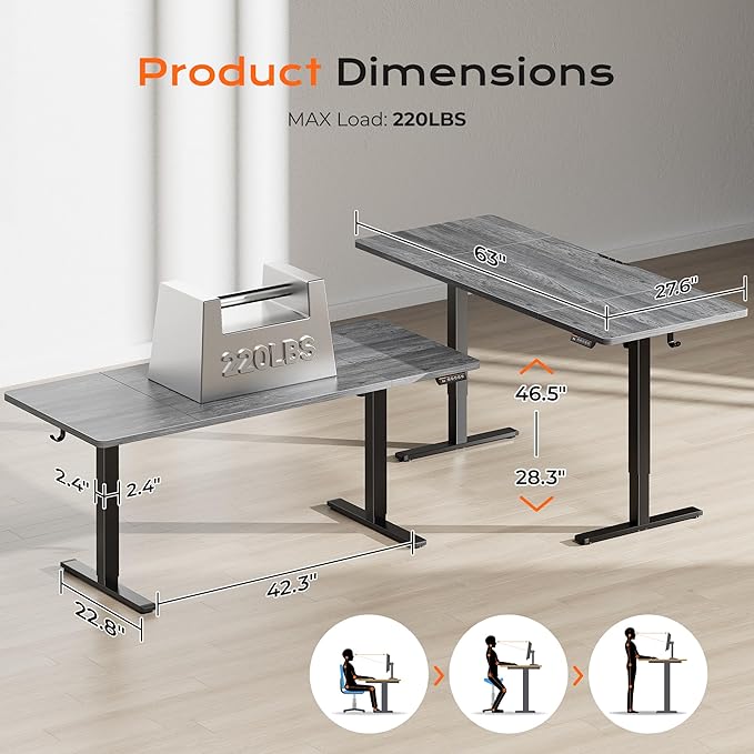 Huuger 63 x 28 Large Electric Standing Desk, Height Adjustable Computer Desk, 27.6" Deep Desktop, Stand up Gaming Office Table with 2 Hooks, 3 Preset Heights, for Home Office, Grey