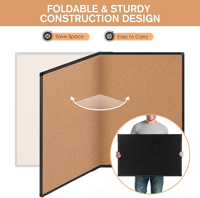 Board2by Cork Board Bulletin Board 36 x 48, Foldable Notice Pin Board for Wall, Black Aluminum Framed 4x3 Corkboard, Large Wall Mounted Office Board with 36 Push Pins for School & Home