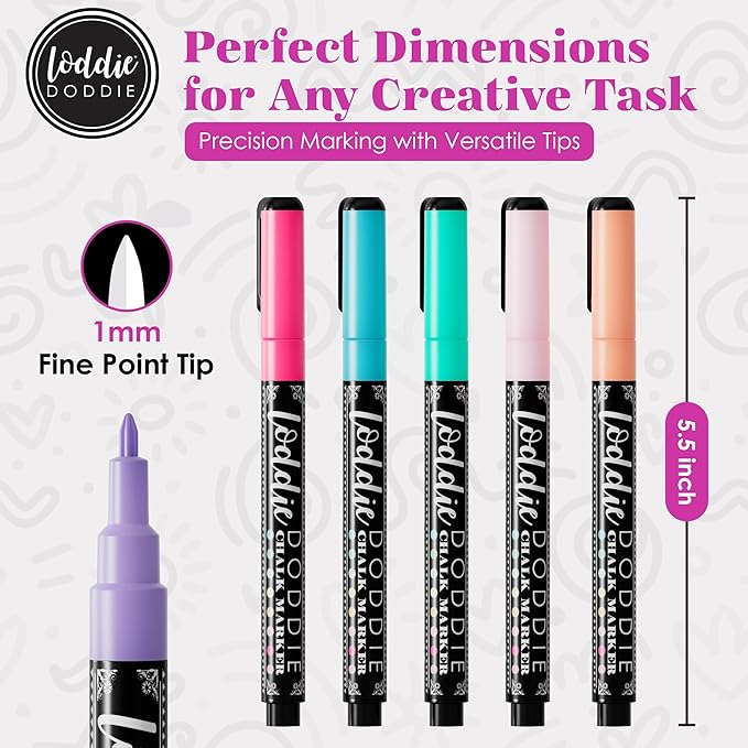 Loddie Doddie Liquid Chalk Markers Fine Tip - 8 Pack Macaron Pastel 1mm - Erasable Low-Odor Ink For Chalkboard & Dry Erase Markers - Non-Toxic Smudge-Proof