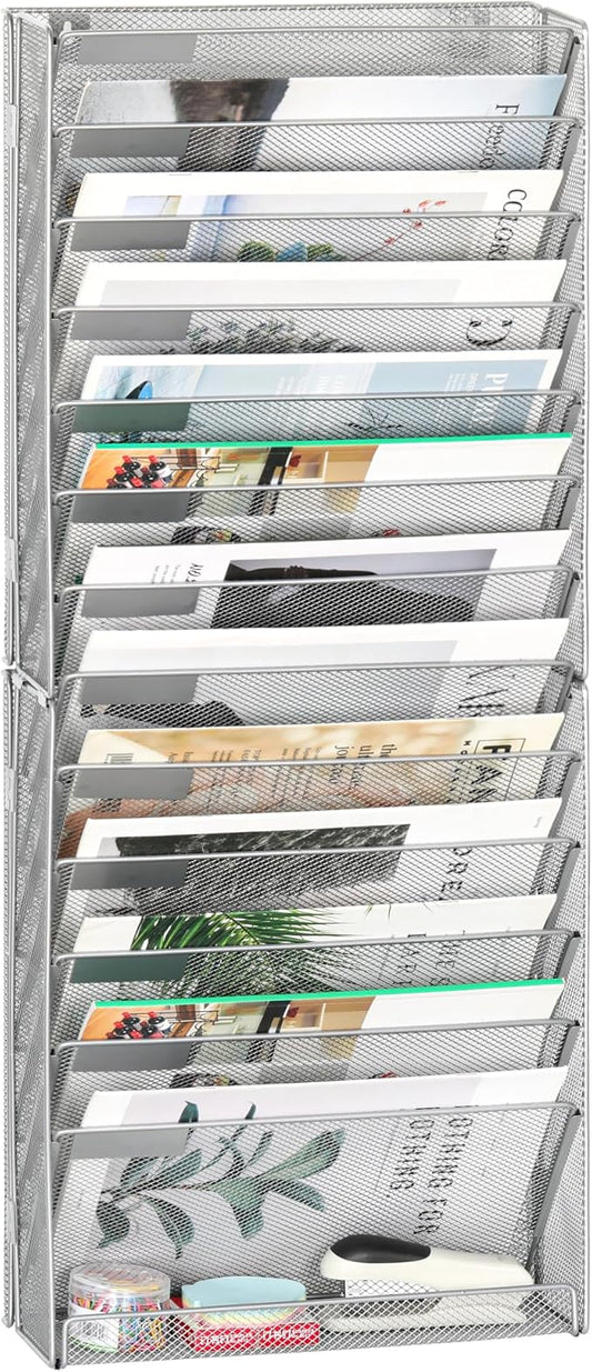 EasyPAG 14 Tier Wall File Holder with Flat Tray, Silver | Easy Assemble Mesh Desk File Organizer | 13-Folder Paper Storage | Replaceable Classify Labels | Space Saving Mail Organizer for Office Home