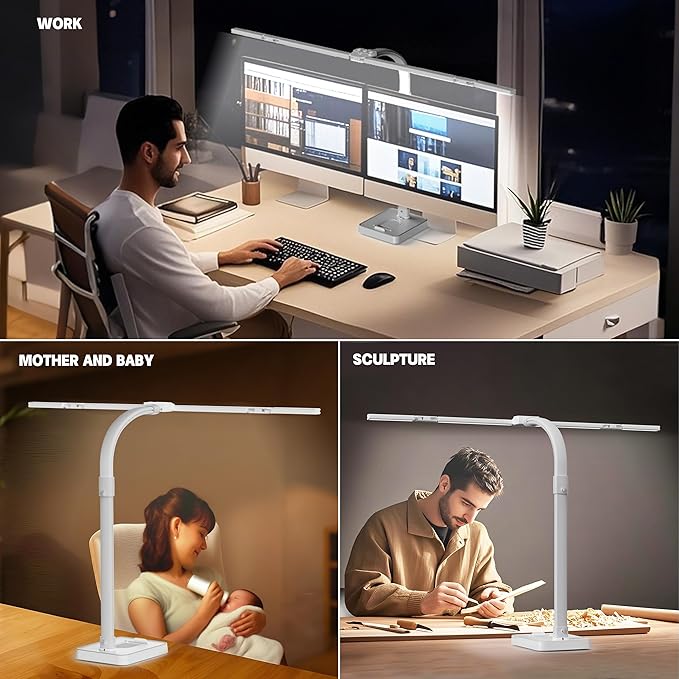 LED Desk Lamp for Home Office - 24W Bright Double Head Desk Light with Clamp Eye Caring Architect Task Light 25 Lighting Modes Adjustable Flexible Gooseneck Lamp (All White)