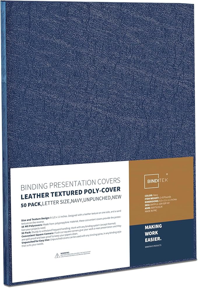 Binditek 50 Pack 16 Mil Leather-Textured Heavyduty Polycovers, Letter Size, Plastic Binding Presentation Back Covers, 8-1/2 x 11", Square Corners, Unpunched, Navy
