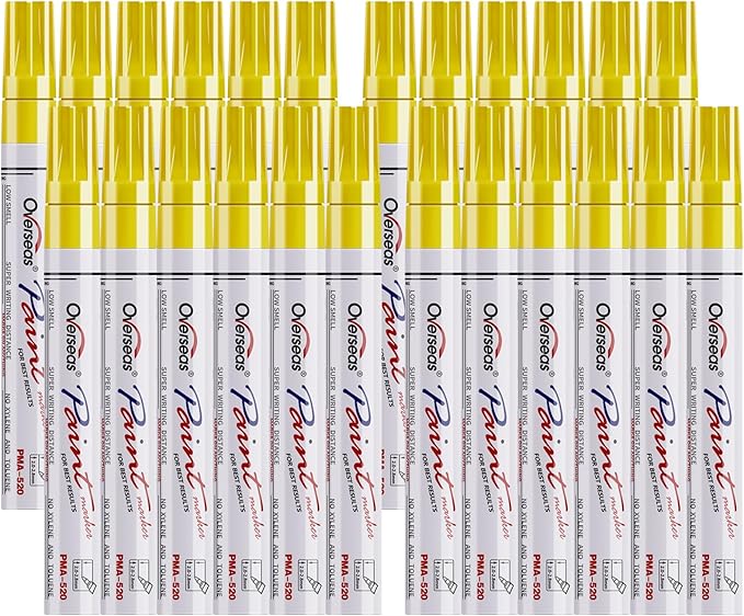 Overseas Yellow Paint Pens Permanent Markers 24 Pcs, Oil Based Paint Markers Set, Quick Drying, Waterproof, Medium Tip Marker Pens for Metal, Rock, Wood, Plastic, Canvas, Glass, Stone, Rubber, Paper