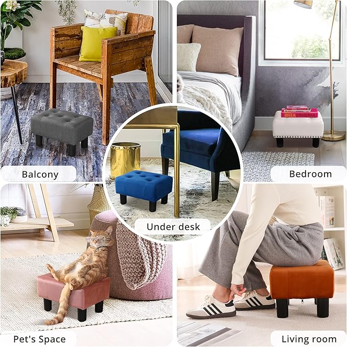 LUE BONA Small Foot Stool Ottoman, Velvet Tufted Footrest with Plastic Legs, 9''H, Rectangle Foot Stools for Adult with Non-Slip Pads, Footstool for Living Room,Couch, Pink