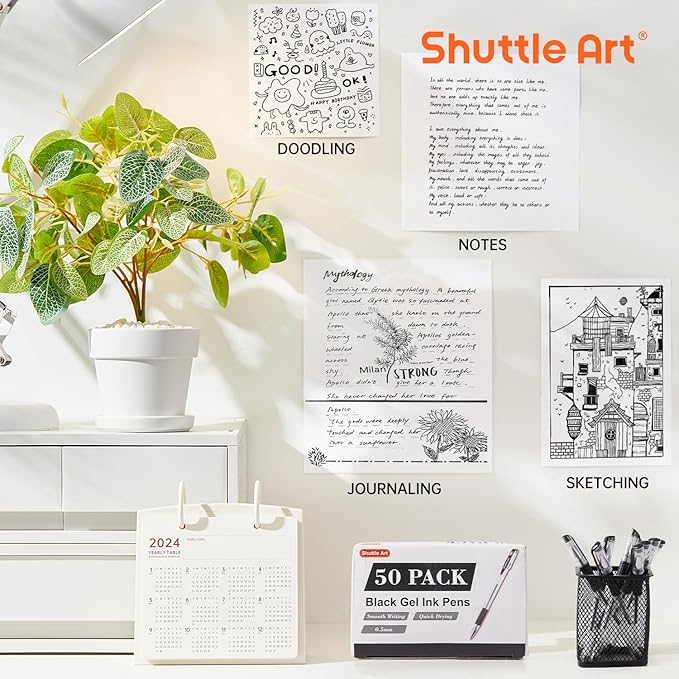 Shuttle Art Black Gel Pens, 50 Pack Fine Point Black Ink Pens Bulk, 0.5mm Rollerball Gel Ink Pens Smooth Writing with Comfortable Grip for Office, School and Home