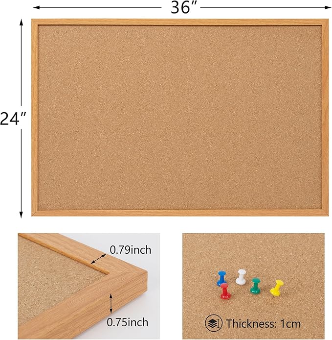 Board2by Cork Board Bulletin Board 24 x 36, Wood Framed Corkboards for Wall Decor, Hanging Office Message Board, Large Wall Mounted Notice Pin Board with 15 Push Pins for School, Home & Office