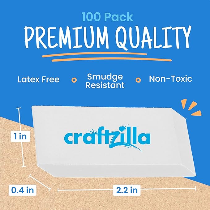 White Erasers Bulk 100 Pack - Large Latex- Free Bulk Erasers for Kids, Classroom, and School Supplies - Ideal for Pencils and Drawing - Borradores Escolares