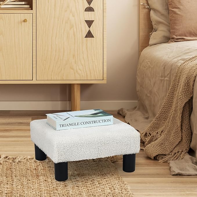 Joveco Small Foot Rest Stool Ottoman, Square Boucle Upholstered Footrest with Plastic Legs, Under Desk Footstool for Chair, Office, Living Room, White