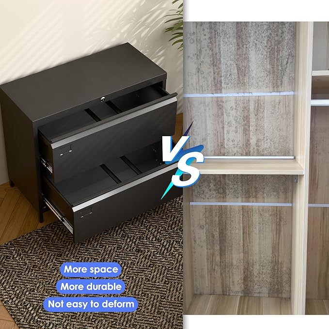 Metal 2 Drawer Lateral File Cabinet with Lock & Adjustable Feet - Wide Filing Cabinet for Letter/Legal/F4/A4 Hanging Files - Includes Business Card Holder,Home Office School Storage,Black
