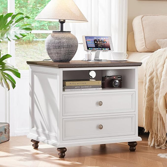24" Wide Farmhouse Nightstand with Charging Station, End Table with 2 Drawers, White Wood Dresser for Bedroom Cabinet, Bed Side Table Chest of Drawers, Night Stand for Living Room, Closet