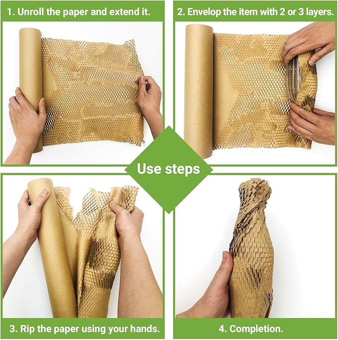 Dish Packing Kit Moving Supplies 15" x660' Honeycomb Wrapping Paper, Large Recyclable Expandable Bubble Cushion Wrap Roll Packing Material for Fragile Items Breakables Plate Glassware Bottle, 80GSM