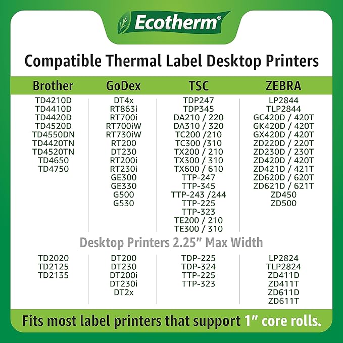 1" x .5" Thermal Labels | 4 Rolls | 9800 Labels | fits Zebra, Godex, Arkscan, iDPRT, Offnova Thermal Label Printers and More | Blank White Adhesive Stickers by Ecotherm