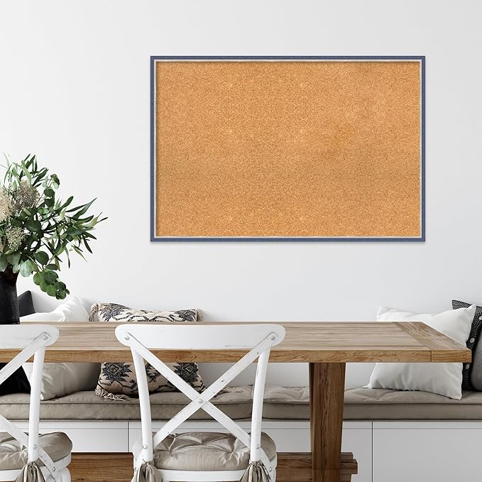 Amanti Art Natural Cork Board for Wall, 25x37 Vision Board with Blue Wood Frame, Large Corkboard Office Decor for Home Organization, Modern Contemporary Corkboard Pinboard to display items for home