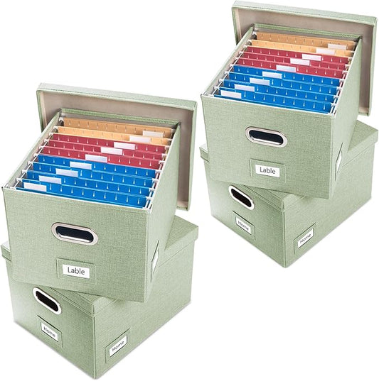 PRANDOM File Organizer Box - Set of 4 Collapsible Decorative Linen Filing Storage Hanging File Folders with Lids Office Cabinet Letter/Legal Size Green 17.1x14x11.1 inch