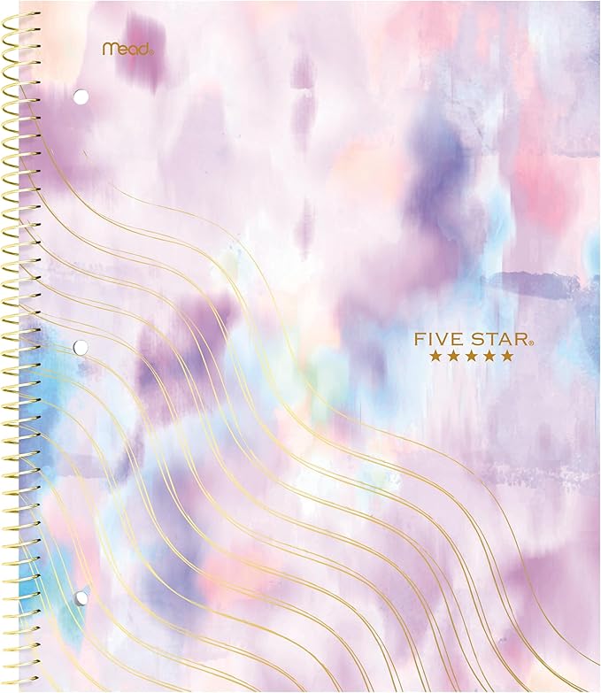 Five Star Spiral Notebook + Study App, 1 Subject, Wide Ruled, 8" x 10-1/2", 80 Sheets, Fights Ink Bleed, Water Resistant Cover, Pastel Tie Dye (930210F-ECM)