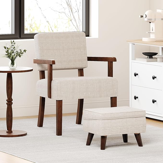 Ottoman Foot Rest, Small Footstool Ottoman with Storage, Modern Foot Stool with Adjustable Lid and Sturdy Wood Legs for Living Room, Bedroom, Couch, Enterway (Beige)