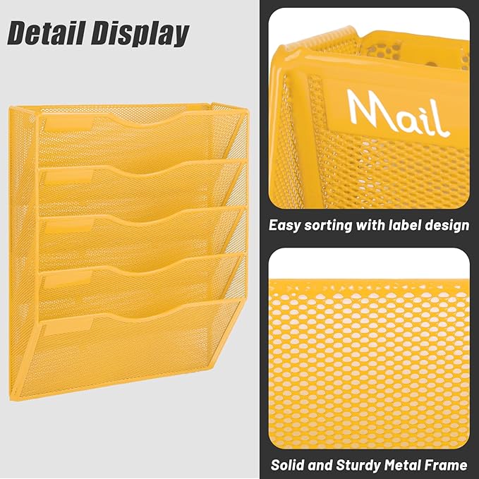 EASEPRES 5 Pocket Mesh Hanging Wall File Organizer, Wall Mounted Mail Paper Document Folder Holder, Clipboard Storage Organization Magazine Rack with Nametag Label for Office Home School, Yellow