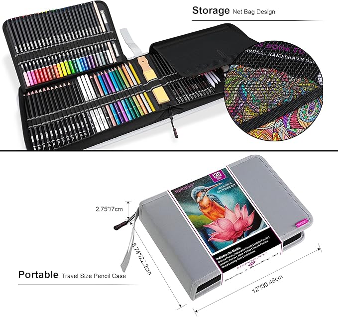 HIFORNY 136 PCS Drawing & Sketching Set,Pro Art Supplies with Graphite,Charcoal,Colored,Watercolor,Metallic Pencils,Blending Tools,Sketchbook,Watercolor Book and Coloring Book in Zipper Case (Grey)