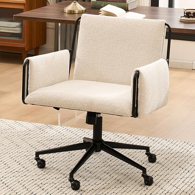 Kidol & Shellder Office Desk Chair Set of 3 with Arm, Swivel Adjustable Height with Wheels Comfortable Wide Seat for Home Office, Bedroom, Makeup Room, Beige