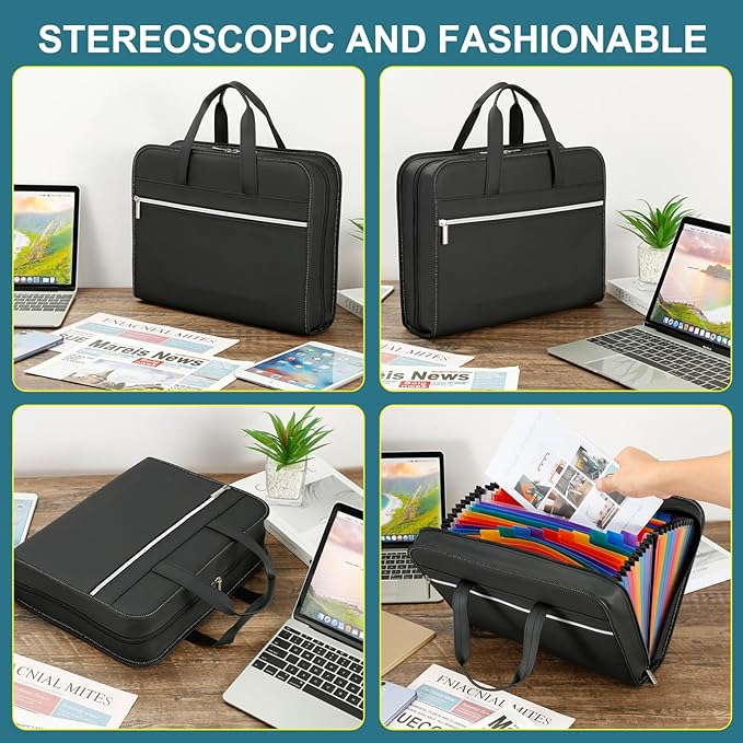 SEEKIND PU Leather Accordian File Organizer 26 Pockets, Expanding File Folder with Handle, Portable Document Organizer Accordion File Keeper for Letter Size / A4 File, for Office, School-Black