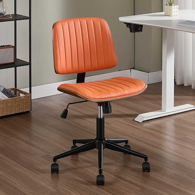 Small Home Office Chair - Armless Mid Back Desk Chair with 360° Swivel and Wheels, PU Upholstered Height Adjustable Modern Walnut Computer Chair for Home, Office Meeting Room - Orange