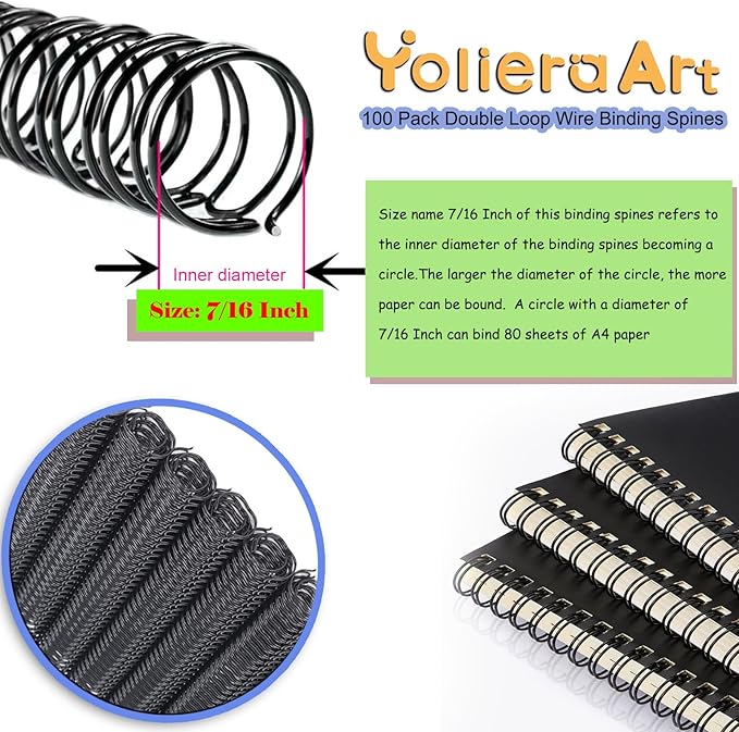 100 Pack Double Loop Wire Binding Spines, YolieraArt Wire Binding Spines, 7/16 Inch Binding Wire for Letter Size (80 Sheet Capacity, 100P, 3:1 Pitch, White)