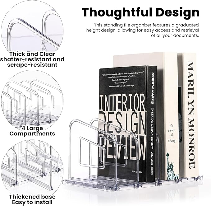 File Organizer, Acrylic File Folder Organizer File Sorter, Plastic Vertical Book Dividers for Magazine Mail Letter Paper, Desktop Organizers for Office, Classroom & Home(4 Sections, 2 Pack)