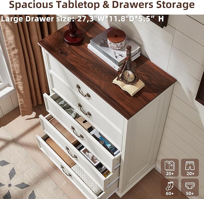 Farmhouse 5 Drawer Dresser Set of 2 for Bedroom, 45" Tall Rustic Chests of Drawers w/ 4 Solid Wood Feet, Mid Century Vintage Wooden Closet Storage Dressers Organizer for Living Room, White