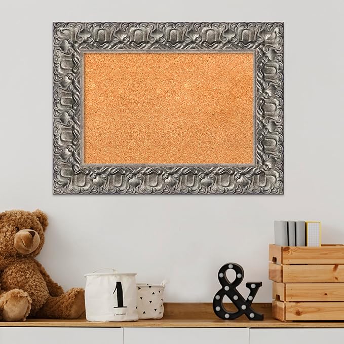 Amanti Art Natural Cork Board for Wall, 18x24 Vision Board with Silver Wood Frame, Small Corkboard Office Decor for Home Organization, Traditional Corkboard Pinboard to Display Items for Home