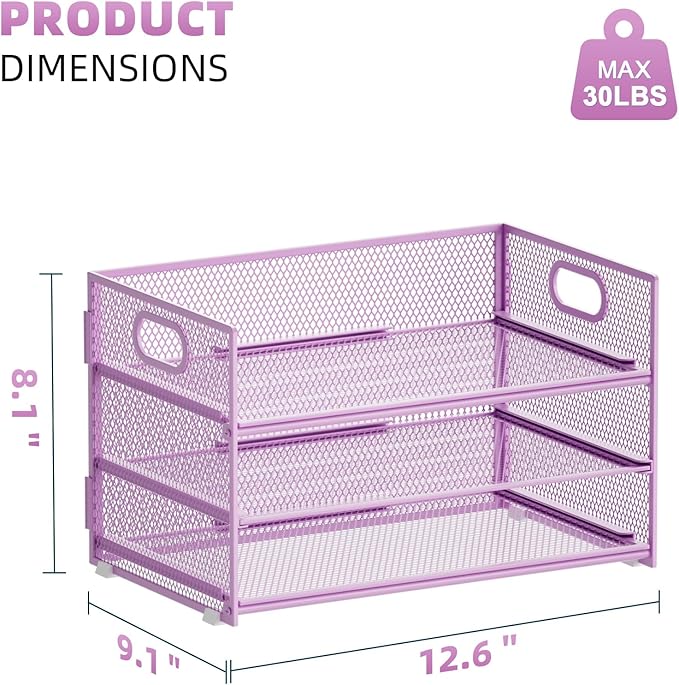 Marbrasse 3 Tier Paper Organizer Letter Tray, Mesh File Organizer with Handle, Paper Sorter Desk Organizer for Home Office Supplies - 2p Purple