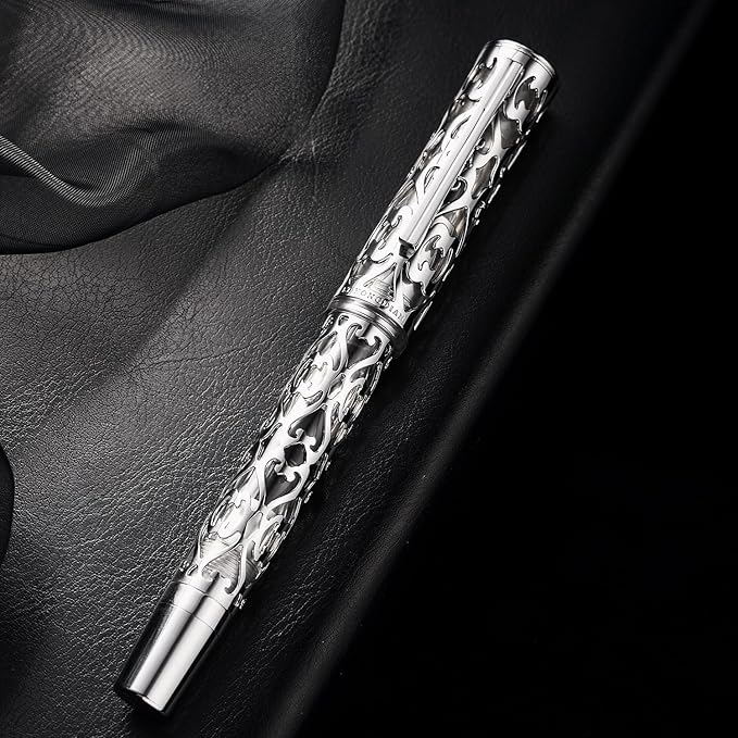 Hongdian D1 Piston Fountain Pen Extra Fine Nib, Hollow Skeleton & Resin Pen with Metal Case Set (Silver)
