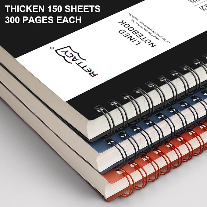 RETTACY Spiral College Ruled Notebook, 300 Pages, B5 Medium Size (7.4" x 10"), for School, Work, Writing, Journaling, 100 GSM Thick Paper, Flexible Plastic Cover (Black)