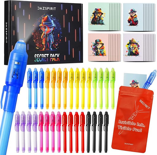 32Pcs Invisible Ink Pen with UV Light, Mini Notepads & Favor Bags, Spy Pens, Top Secret Message Magic Marker, Party Favors for Kids 8-12, Class Prizes, Detective & Escape Room Themes