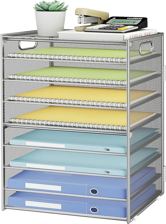 SUBEKYU 9 Tier Paper Organizer for Desk - Metal Mesh Letter Tray File Paper Sorter Organizer Include 6 Pcs Adjustable Height Slid Tray with Handles for Office School Home Organization Storage, Silver