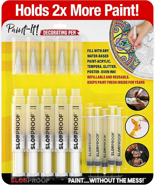 Slobproof Paint It! Decorating Pen, Refillable Paint Pens, Fine Tip, Home, Hobbies, Crafting, Scrapbooking, Fills with Chalk, Glitter, & Metallic Paints, Works on Wood, Fabric, Metal, Pack of 5