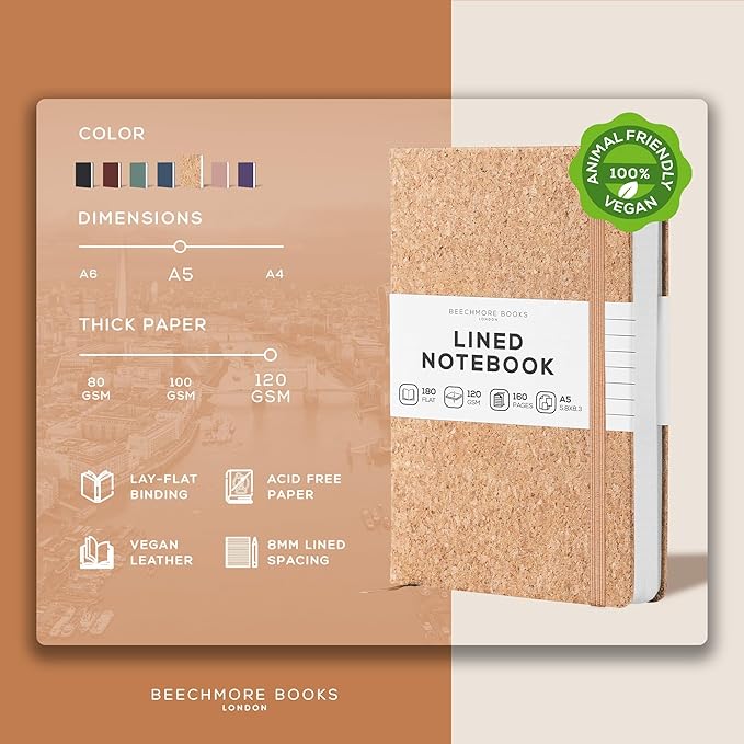 BEECHMORE BOOKS Lined Journal Notebook, 5.8 x 8.3 inch, A5 160 Lined Pages, Hardcover Leather Journals for Women, Men, Writing and Notebooks for Work - 120 GSM Thick Paper, Gifts Box Included