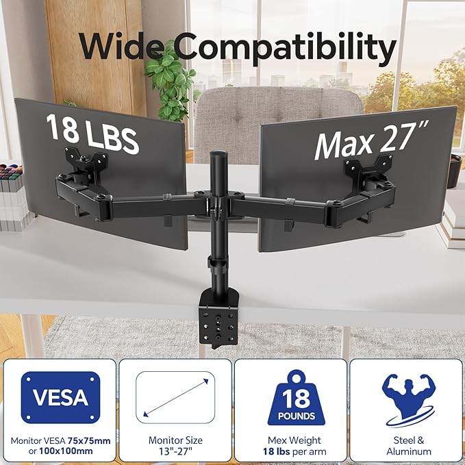 Simple Trending Dual Monitor Desk Mount, Heavy Duty Fully Adjustable Stand, Monitor Arm Fits 2 Computer Screens up to 27 inches and Max 18 lbs Each, Black
