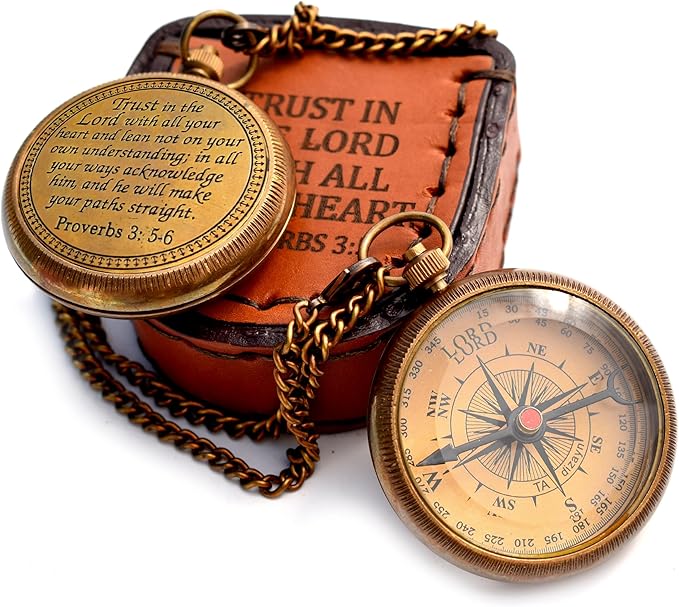 Trust in The Lord With All Your Heart - Proverbs 3:5-6 Quote Engraved Compass With Wooden Box, Greeting Card, Gift Compass, Graduation Day Gifts 2024 for Women Men Boys Girls