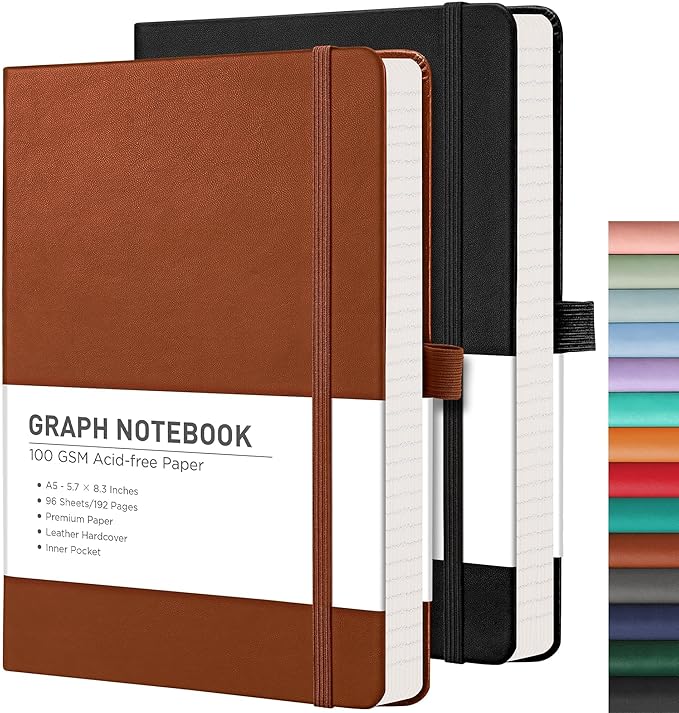 RETTACY Graph Grid Paper Notebook, 2-Pack, 192 Pages per Pack, A5 Medium Size (5.7'' x 8.3''), Leather Hardcover, 100 GSM Thick Paper, for School, Students, Math, Engineering (Black & Brown)