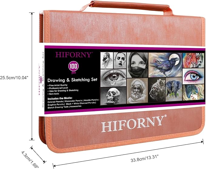 HIFORNY 100 PCS Drawing & Sketching Set, Professional Art Supplies with Graphite,Charcoal, Colored,Watercolor,Metallic Pencils,Blending Tools,Sketchbook and Coloring Book in Zipper Case (Pink)