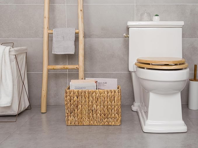 StorageWorks Hand-Woven Magazine Holder, Magazine Wicker Basket for Bathroom, Office, Rattan Magazine Holder, Natural Water Hyacinth, 1 Pack