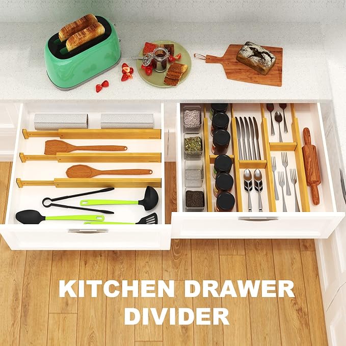 ANTOWIN Bamboo Drawer Dividers, Expandable Drawer Separators Splitter, 17-22 inches Adjustable Spring-loaded Organizer for Large Utensil, Clothes, Tools Drawers, 6 Pack Dividers + 4 Pack Baffle