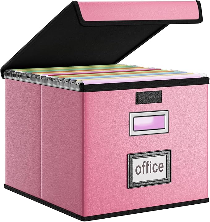 Huolewa File Organizer Box with Lid, Collapsible Leather File Folder Organizer for Office Document Storage, Filing Box with Plastic Slide for Letter/Legal Size Hanging Files, Pink