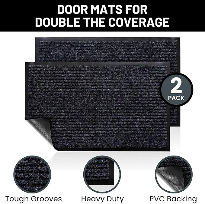 Sierra Concepts Front Door Mat Welcome Floor Mats - Entryway Indoor Outdoor Entrance Doormat, Patio, Porch, Muddy Shoe, Inside Outside Low Profile, 36x24 inches, 2-Pack Gray