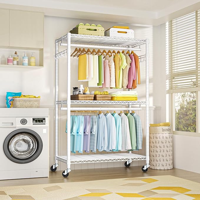 P1 Plus Rolling Clothes Rack, 22mm Diameter Heavy Duty Garment Rack with Wheels, Portable Closet Wardrobe with Double Rods, 45" W x 17.7" D x 80.5" H, Max Load 524 LBS, White